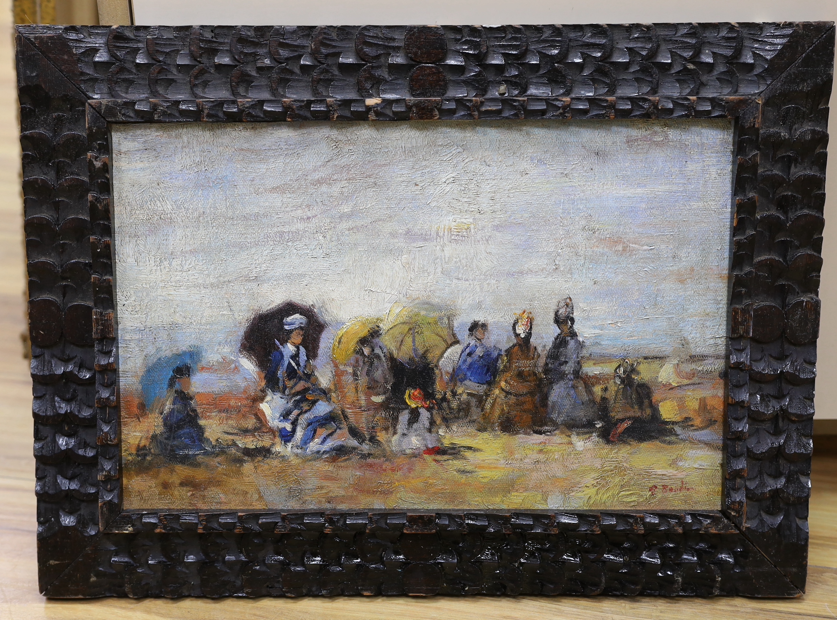 Manner of Eugene Boudin (French, 1824-1898) oil on board, Figures on a beach, 24 x 38cm, housed in a carved wood frame
